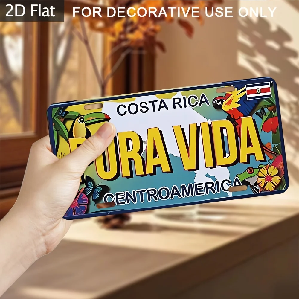 2D Flat, 1pc Vintage Aluminum Wall Art - 12x6 Inch (30x15cm) Costa Rica License Plate Design with Toucan & Tropical Flowers, 2D