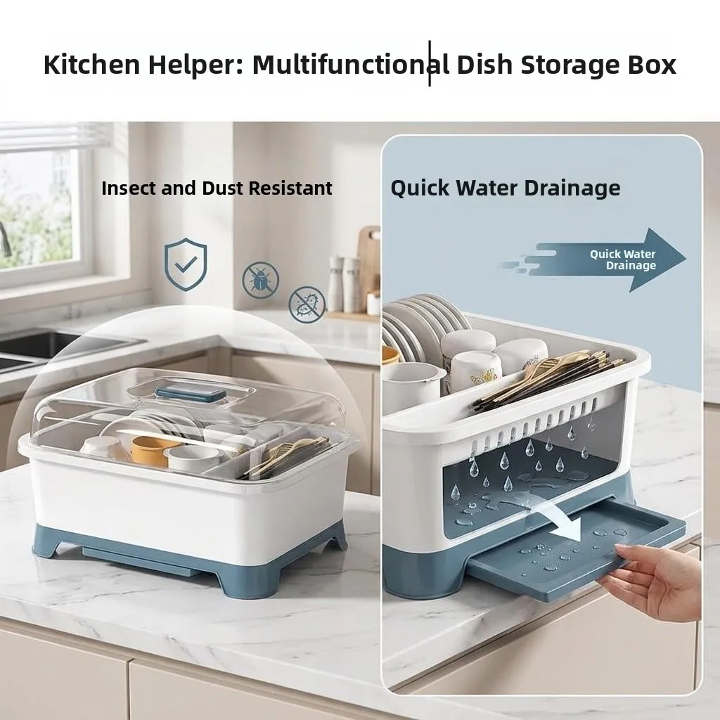 

Kitchen Utensil Storage Box with Lid Anti-Cockroach Multi-Function Draining Dustproof Dishware Storage Container