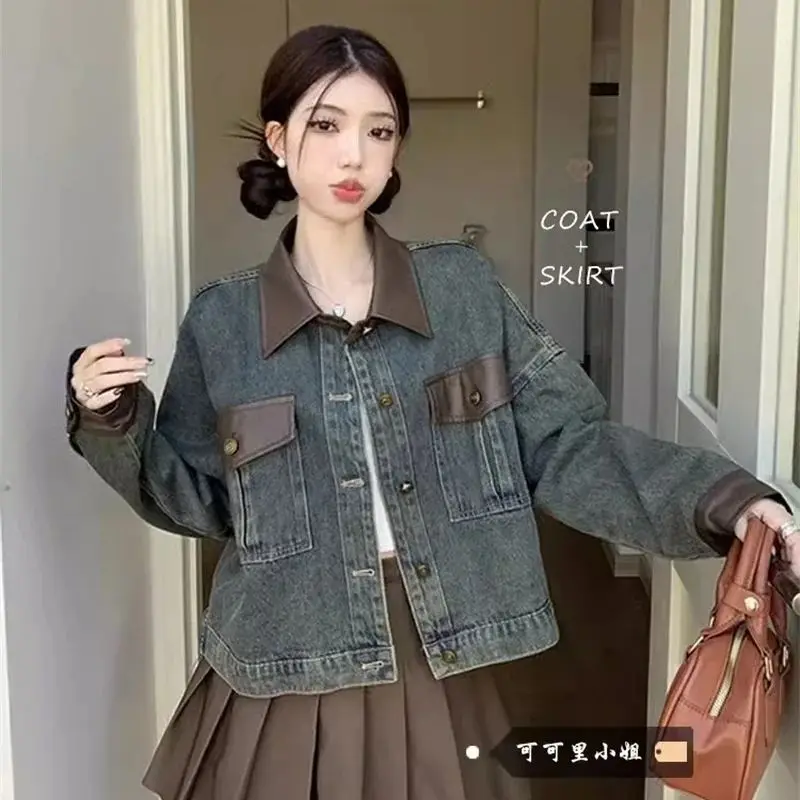 

American PU Leather Patchwork Denim Jacket for Women Spring 2024 New Retro Loose Versatile Short Design With a Long Sleeved top