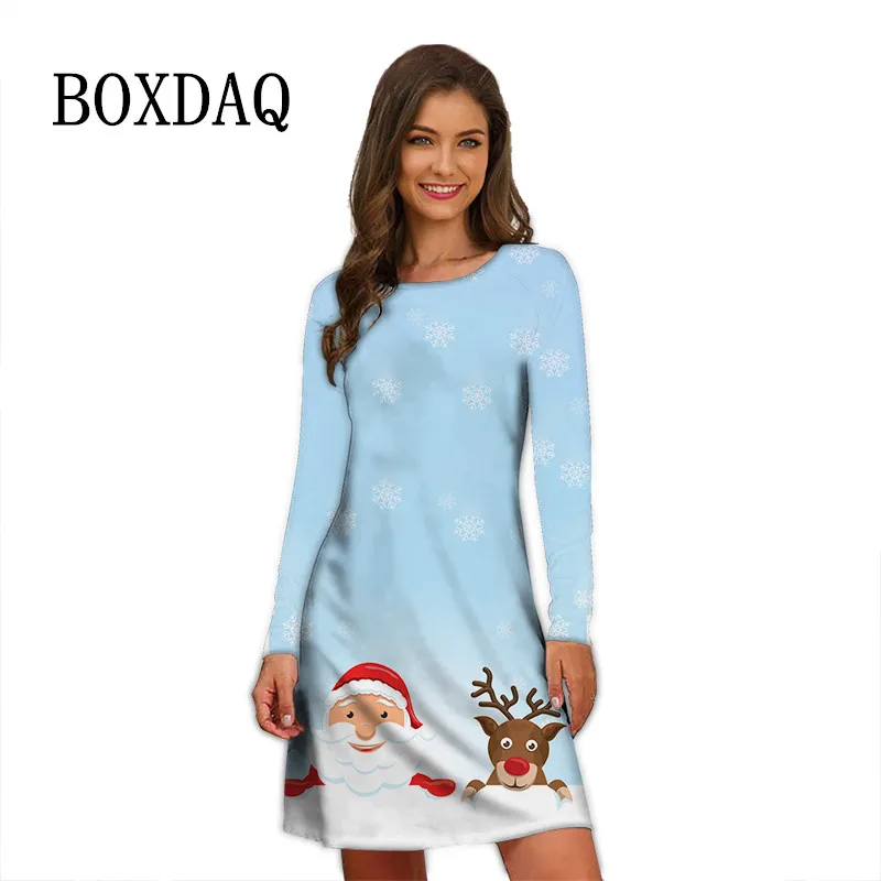 2022 Autumn Christmas Elk Print Dresses Ladies Elegant Long Sleeve Party Dress Casual Santa Claus Snowflake Mini Oversized Dress