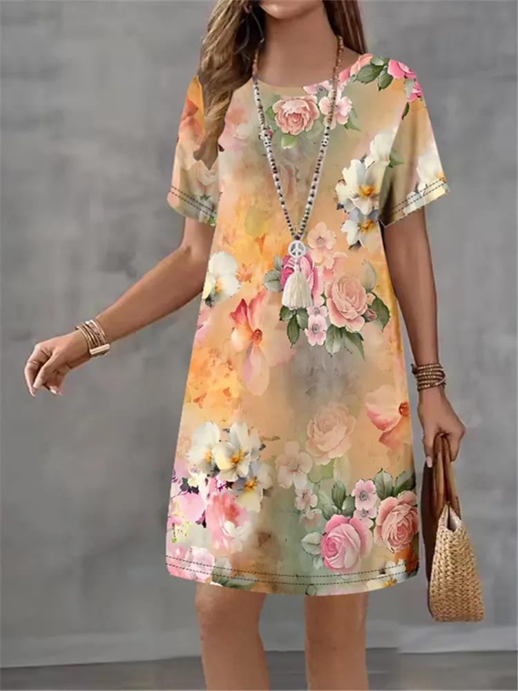 Women A-Line Dress Fashion Flower Pattern Printing Summer New Temperament Elegant Casual Women Dress Short Sleeve Mini Dress