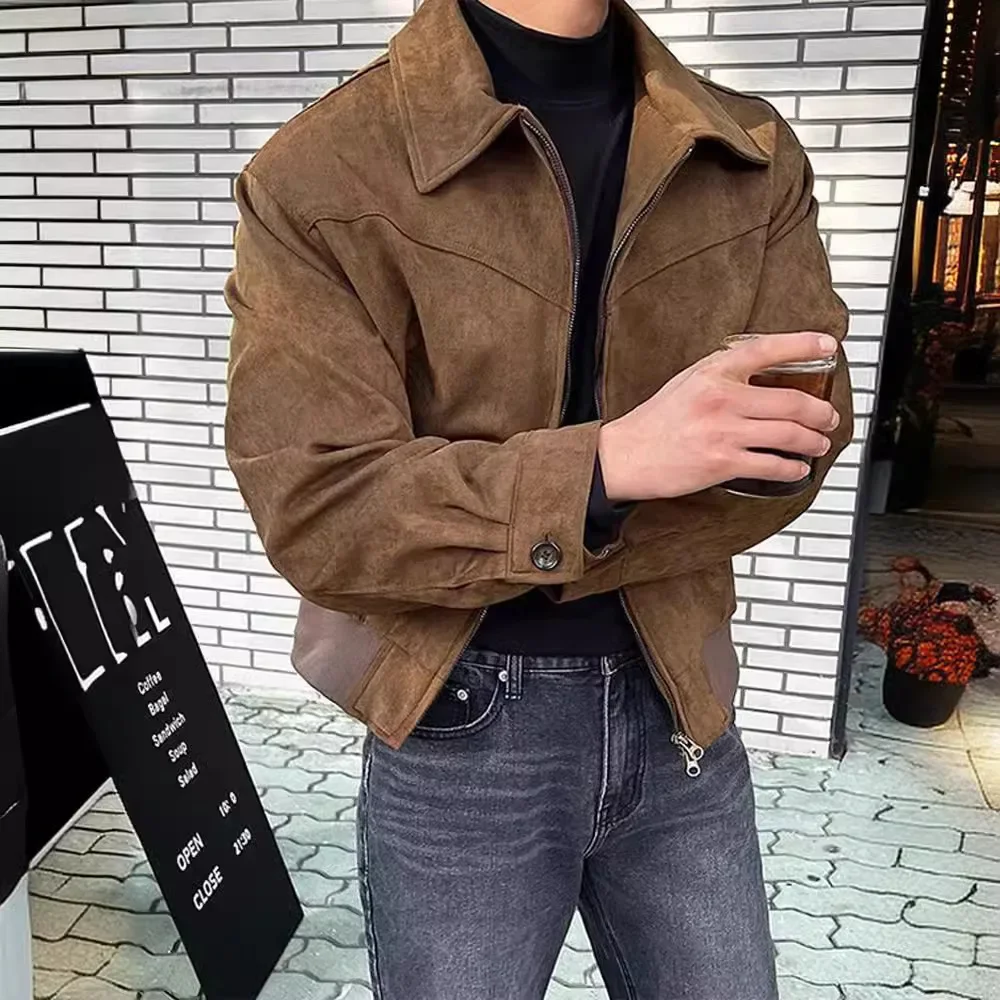 

Men Jacket Single Breasted Coats Zipper Cardigan Spliced Long Sleeve Solid Outerwear High Street Loose Fit Pockets Button