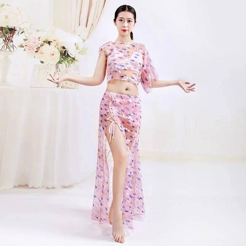 

Customized Belly Dance Practice Dress for Women 2025 New Set Embroidered Printed Mesh Sexy Adult Dance Dress Top and Long Skirt
