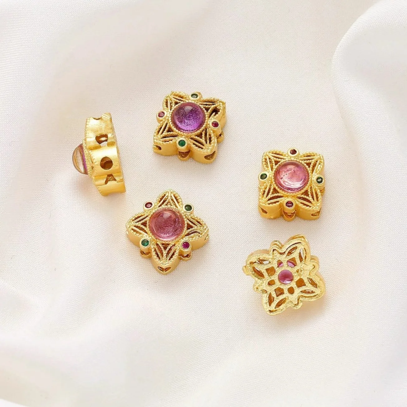 5 Copper Inlaid Round Aquamarine Tourmaline Strawberry Crystal Red Stone Floral Hollow Beads DIY Jewelry Loose Bead Accessories