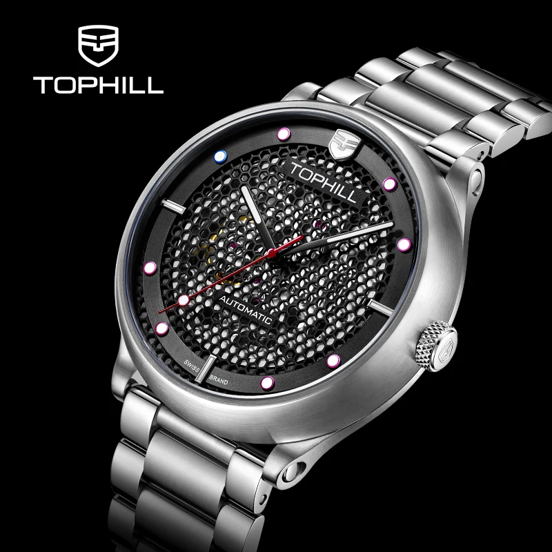 TOPHILL 5Bar Innovative Designed Men\'s Mechanical Watch Honeycomb Hollowed Out Dial Sapphire Super luminous Wristwatches TV002G