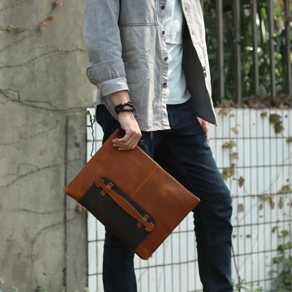 S.WORKER Clutch-Tasche aus echtem Vollnarben-Rindsleder, Herren-Handtasche, Vintage-Tasche, lässige Handtasche mit großem Fassungsvermögen für Herren – Detail 5