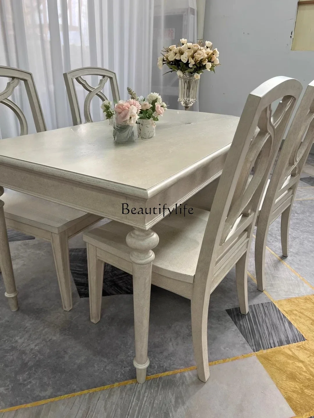 

yj5 North American home queen rectangular dining table French retro solid wood dining table dining chair