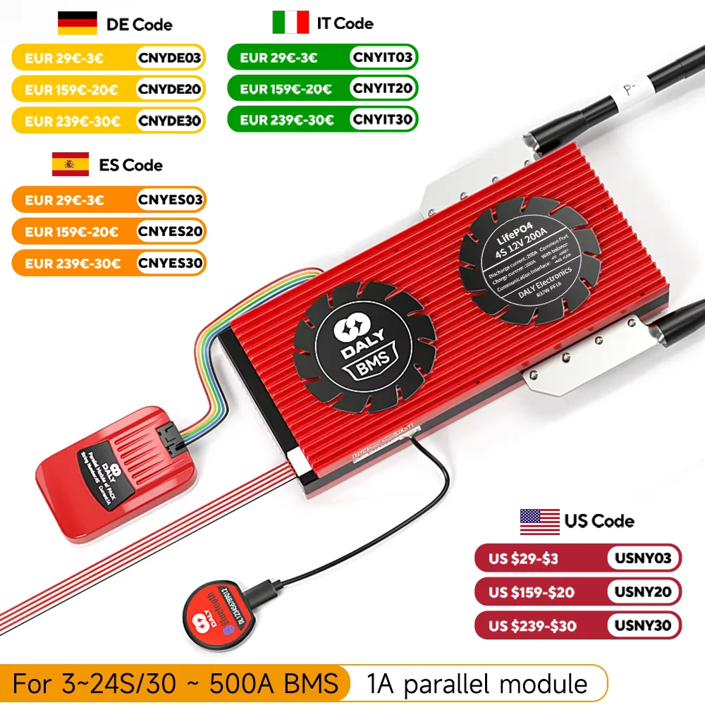 

DALY Smart BMS 1A Parallel Lifepo4 4S 3S 12V with Balance w24V 36V 48V 30A~500A Li-Ion 7S 8S 10S 12S 13S 14S 15S 16S