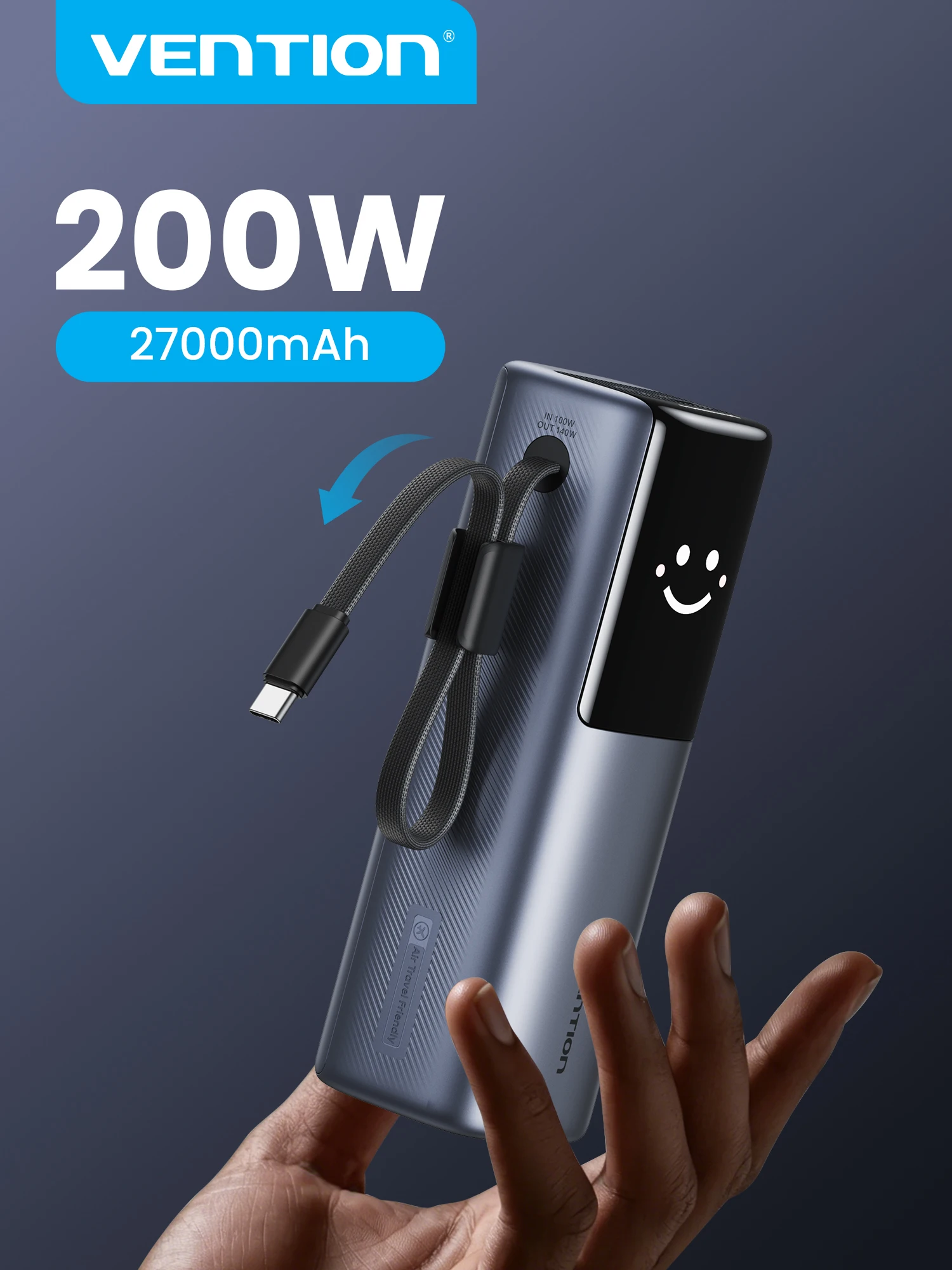 Vention 200W Power Bank 27000mAh PD 3.1 140W Max Przenośny Powerbank do Laptopa Szybkie Ładowanie PD dla iPhone 17 16 Samsung S25 S24 — zdjęcie 2