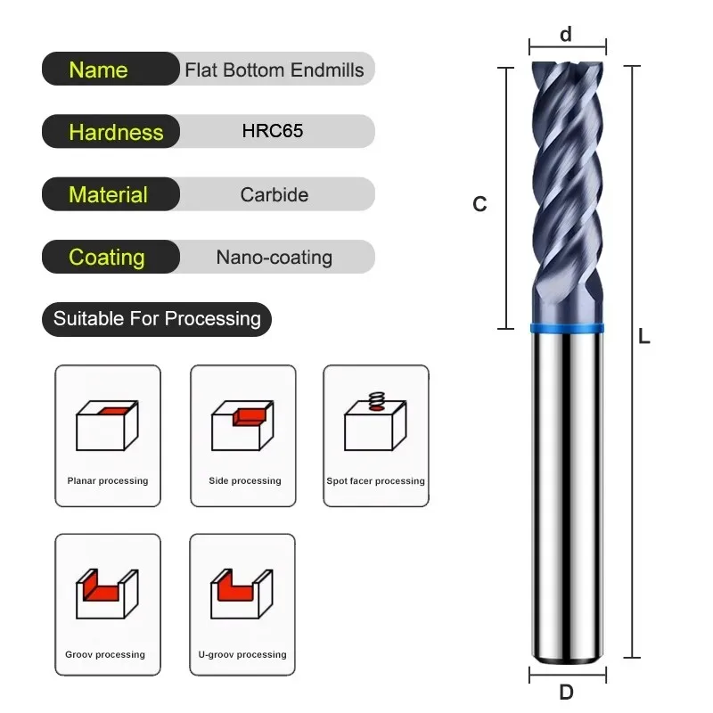 SHAZAM TGB-HRC65 4F Color Circle Milling Cutter Tungsten Steel Carbide Black Coating Flat End Mill CNC Machining Endmills Tools