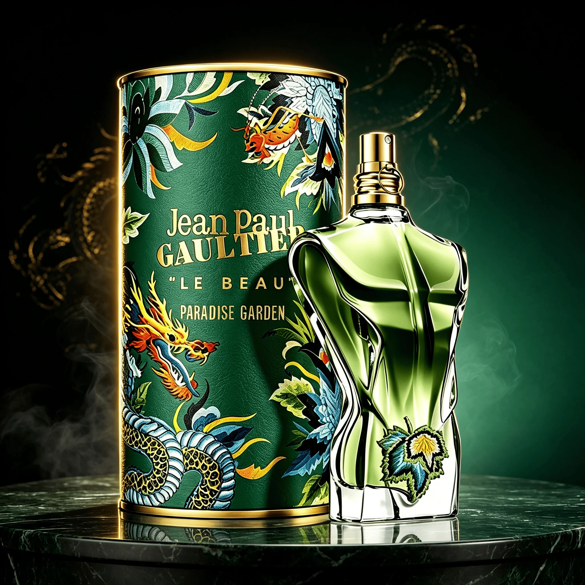 Jean Paul Gaultier Le Beau Paradise Garden Unisex Eau de Parfum 100ml, exotisches tropisches grünes Aroma, grüne Noten Kokosnuss, Feige, Sandelholz, erfrischender holziger Duft, Geschenkbox in Zylinderform mit Drachenmuster, langanhaltendes Parfüm-Spray, Geschenk für Partys, Dates und Abendveranstaltungen – Detail 1