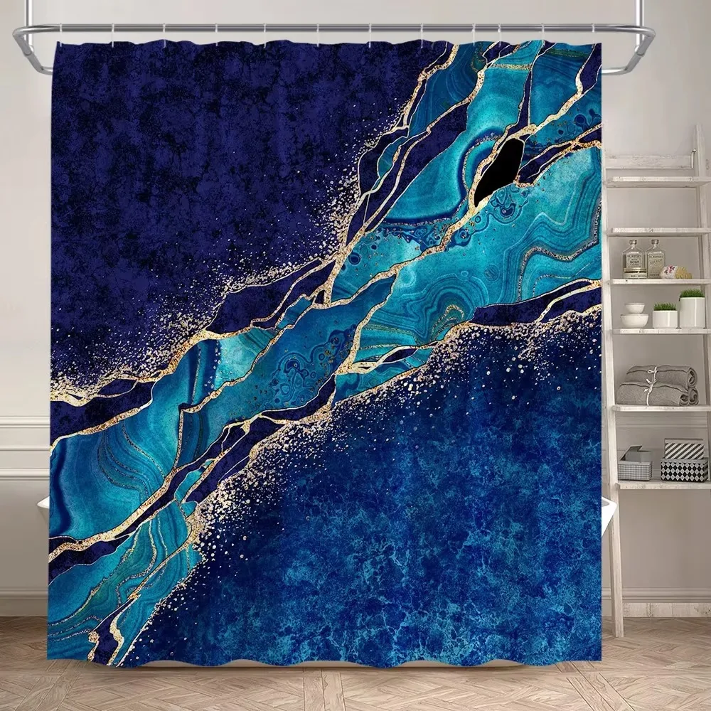 Luxury Green Black Marble Agate Gold Foil Vein Texture Shower Curtain Modern Abstract Ink Fluid Stone Pattern Waterproof Fabric