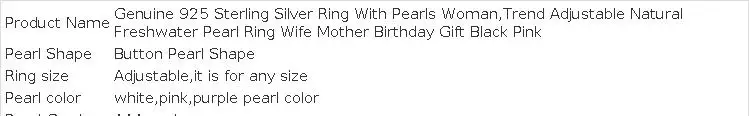 Real 925 Sterling Silver Ring With Pearls Woman,Trend Adjustable Natural Freshwater Pearl Ring Wife Mother Birthday Gift Black