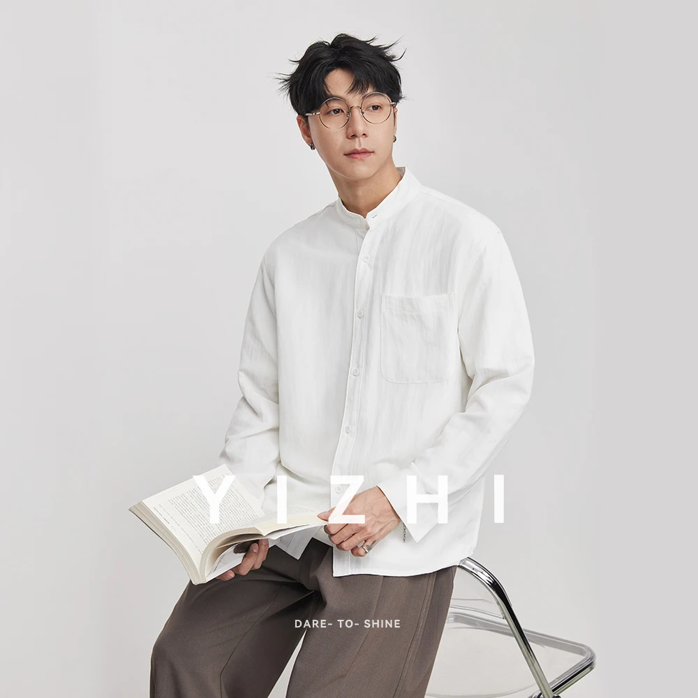 

Men's Linen Chinese Style Stand Collar Casual Shirt 2026 Spring Slightly Loose Solid Color Minimalist All-match Long Sleeve Top