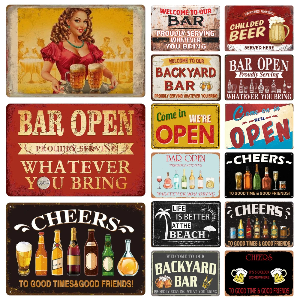 

Vintage Cheers Beer Metal Wall Decor, Backyard Bar Tin Sign Poster, Hot Tub for Bar Cafe Club, Printed Wall Beach Sticker, WY281