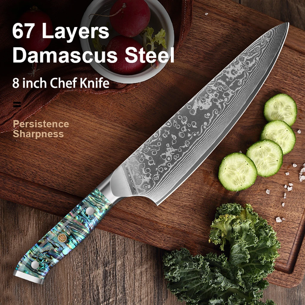 

8" Chef's Knife 67 Layer Damascus Steel VG10 Steel Meat Slicing Cleaver knife Kitchen knife with Abalone Handle