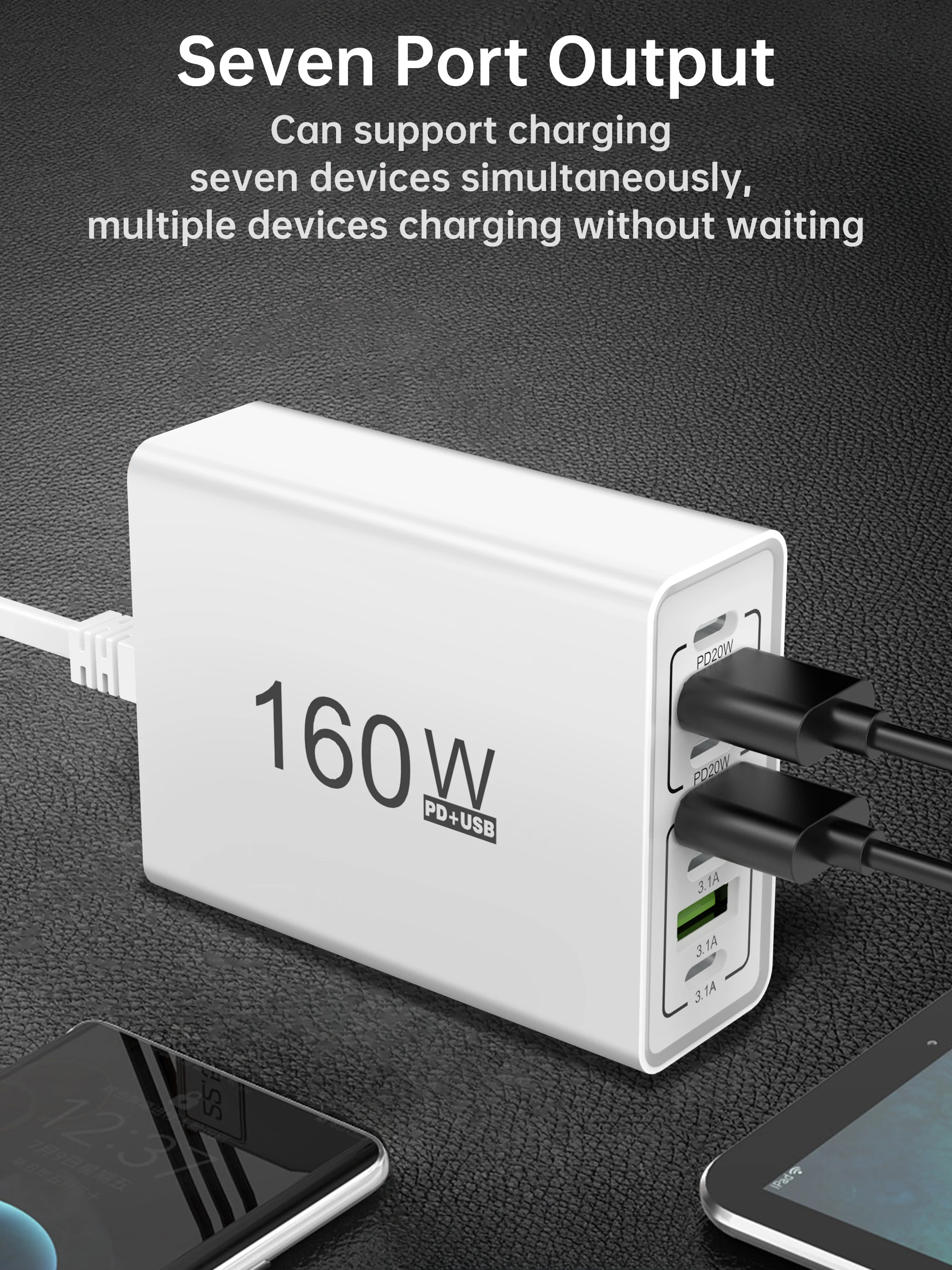 160W USB Multi-Port-Ladegerät Typ C Schnellladegerät mit Mehrfachsteckdose für iPhone Samsung Xiaomi Huawei Honor Handy-Adapter – Detail 4