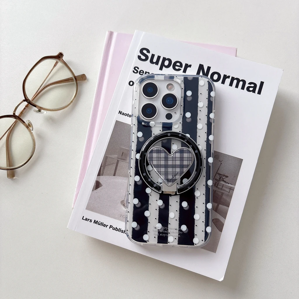 

Simple Black Stripe Circular Dots Love Fold Hollow Out with Holder Magnetic Phone Cover Case for iPhone 16 15 14 13 Pro Max
