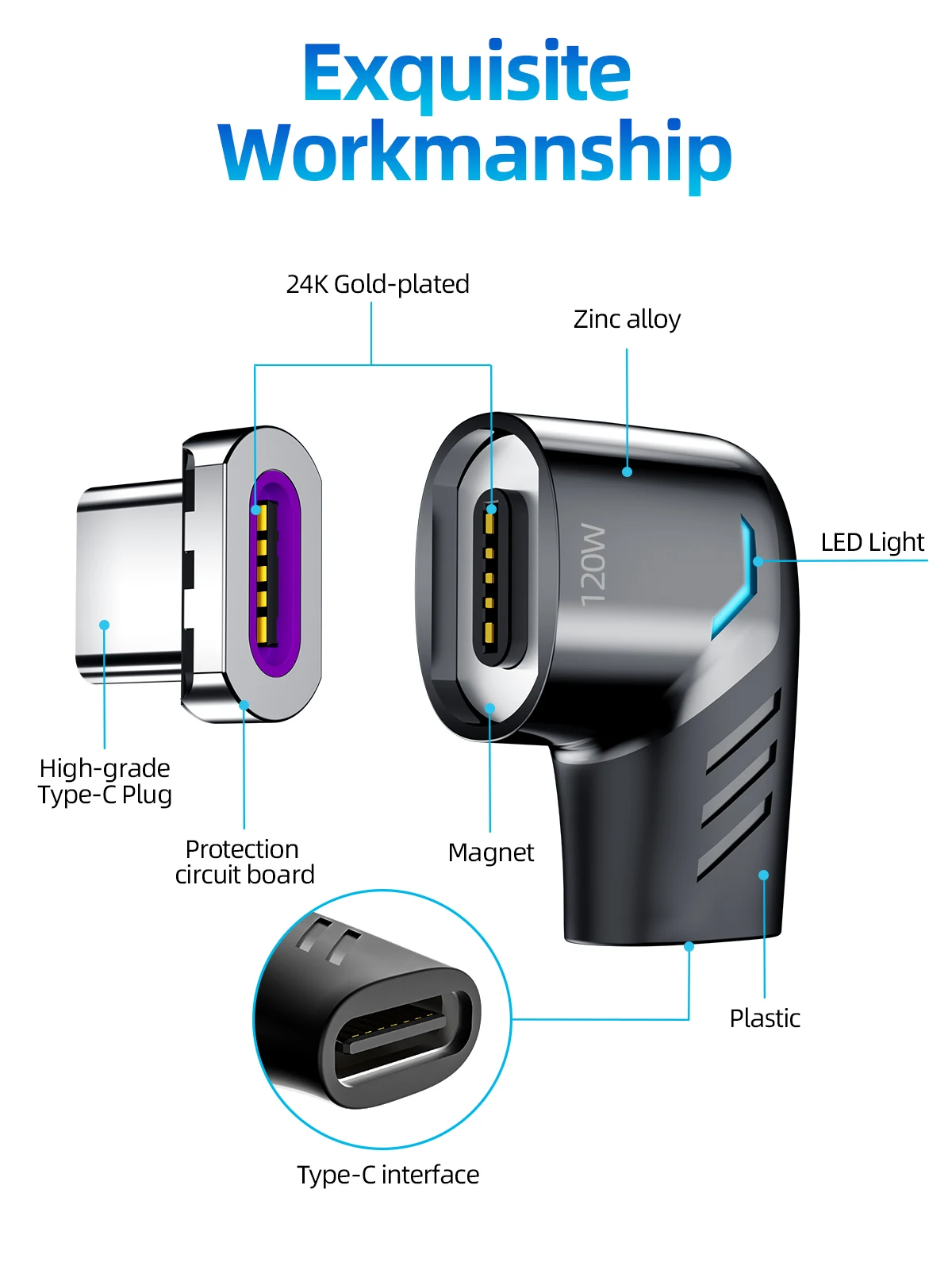 120W Usb C To Type C Magnetic Adapter Fast Charging Usb Type C Magnet Converter Magnetic Cable Right Angle Usbc Connector image 5