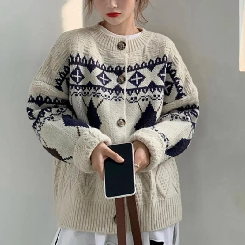 

Korean Version Girls' Sweater Retro Japanese Lazy Style Diamond Grid Cardigan Jacket Knitted Sweater