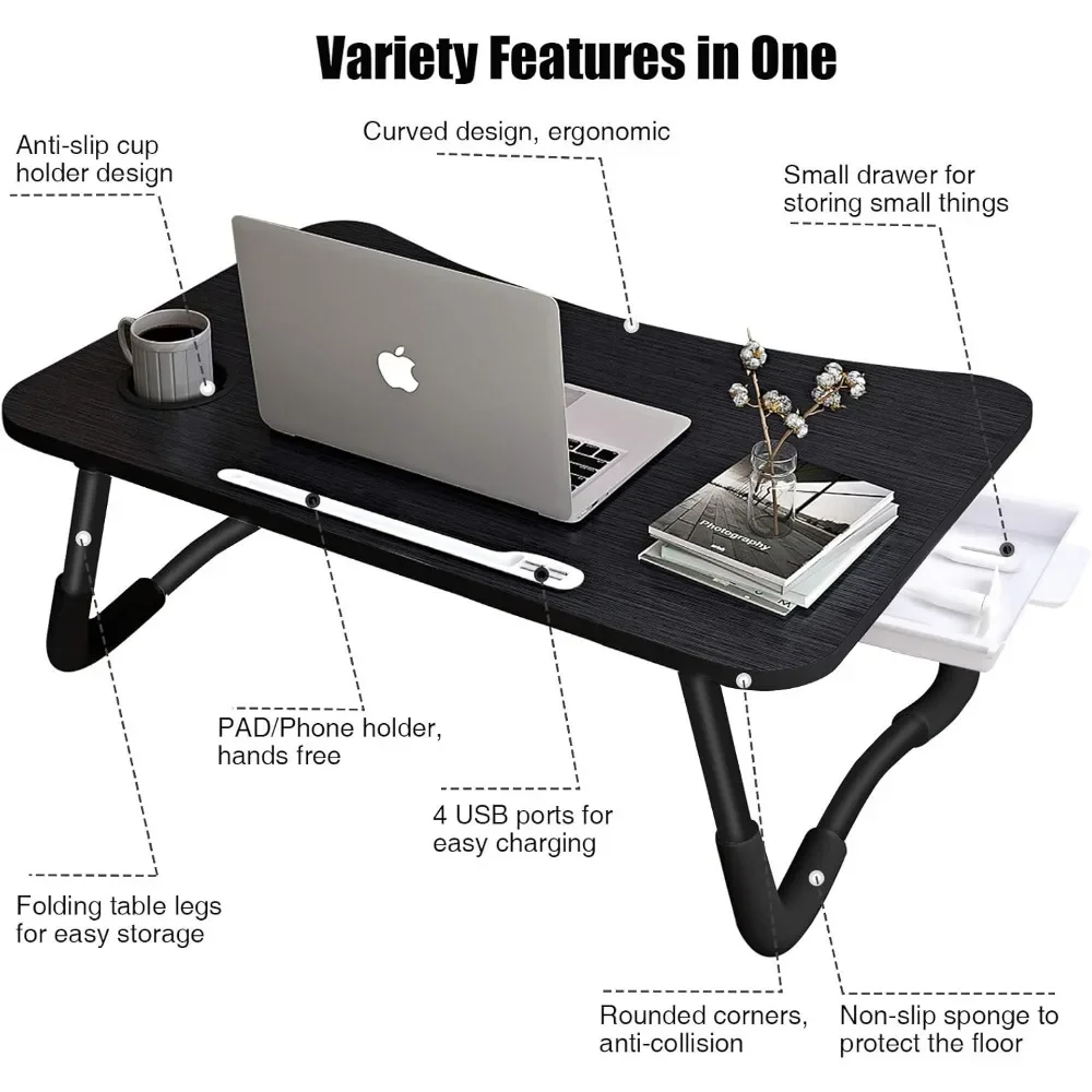 Bureau de lit pliable pour ordinateur portable avec port de charge USB, tour portable, table d'escalier, porte-gobelet, rangement, MELTable