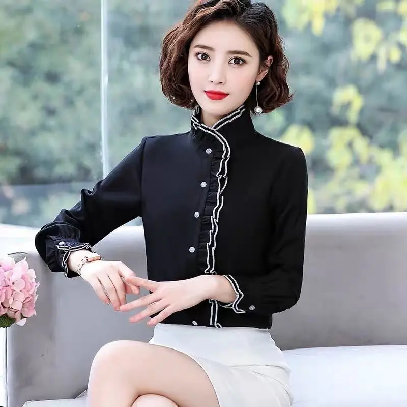 Ruffled Neck Loose Long Sleeve Women\'s Clothing Shirt Oversized Casual Commute Solid ColorTops 2022 Spring New Woman Blouses