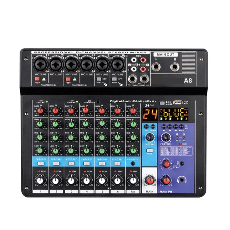 

Professional 8 Channel Digital Mixer Sound Card Microphone Mobile Phone Live Broadcast Computer Recording DJ Audio Equipment