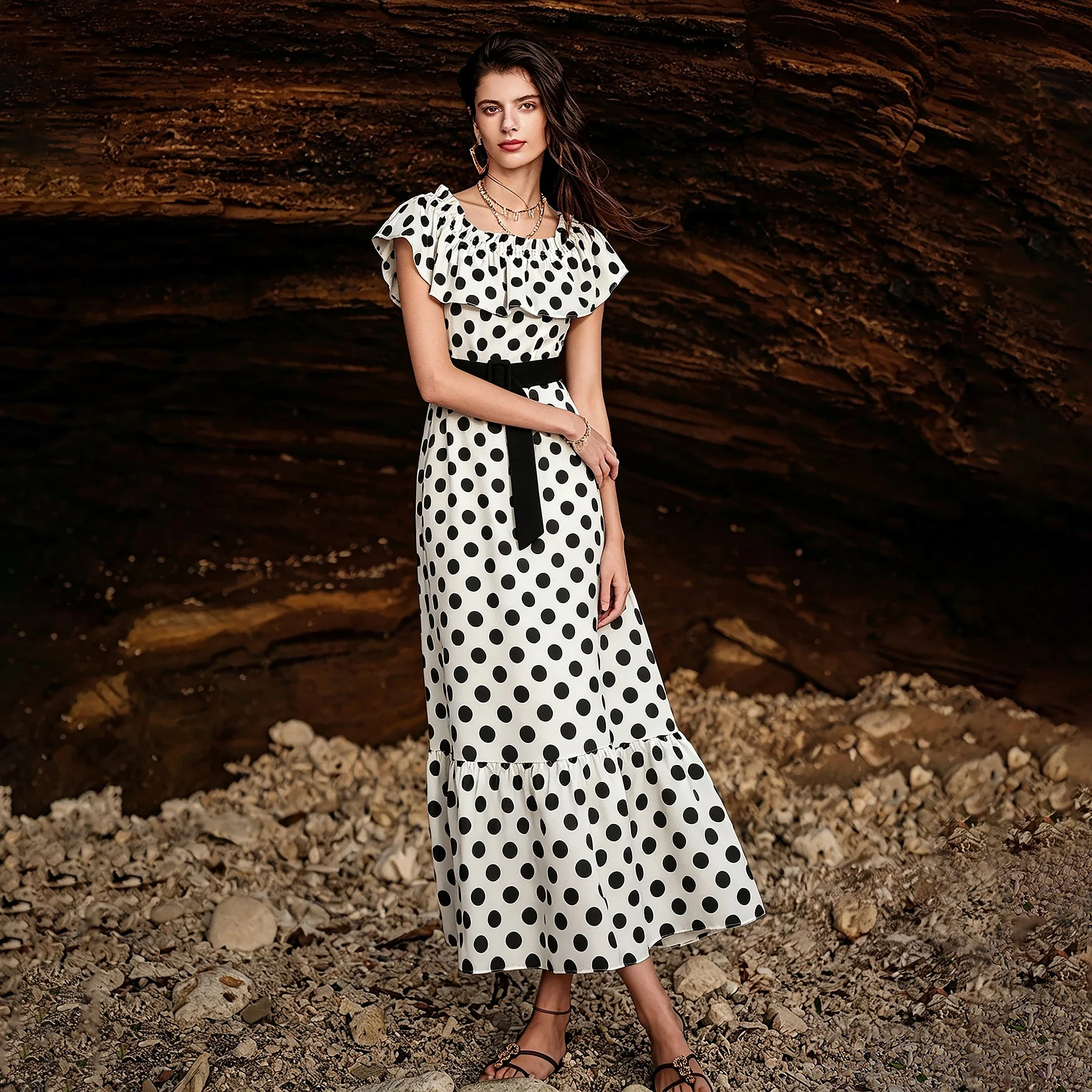 CHCH Women's Dress Summer Vacation Beach Style Female Elegant Dress One Piece Neck Design French Style Polka Dot Ladies Dress