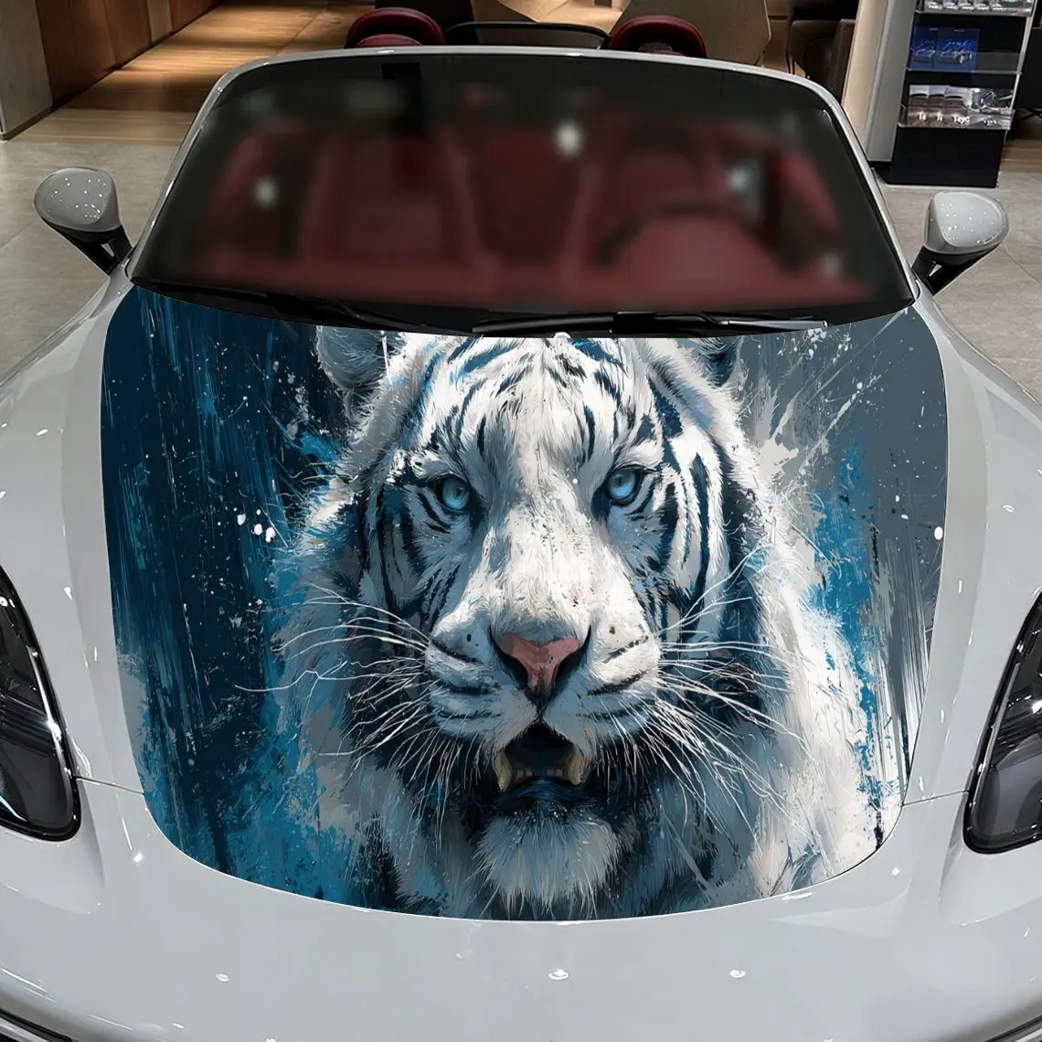 Car Decals A White Tiger In Dynamic Water Splash Close - Up With Intense Gaze And Blue Aquatic Setting Car Hood Sticker, Waterpr