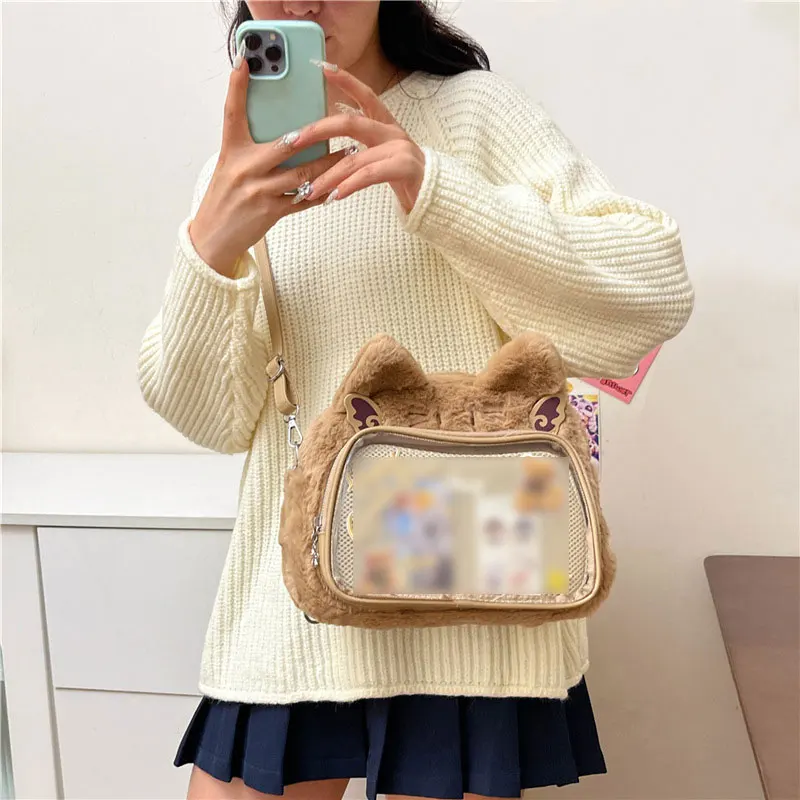 Ransel wanita Anime mewah kucing Y2K berbulu lucu kasual transparan tas Ita mode Kawaii gaya Jepang Lolita Jk tas bahu