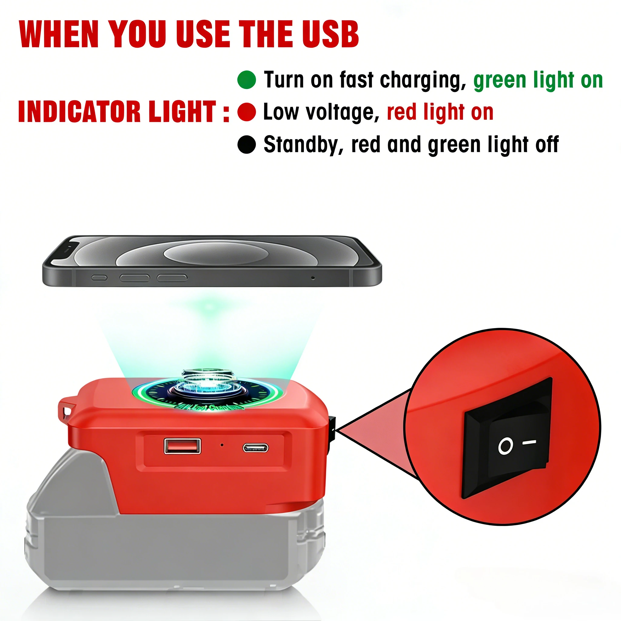 

15W Wireless Charger Adapter for Milwaukee 18v Battery Charging Station Adapter for Phone with USB and Type-C Output