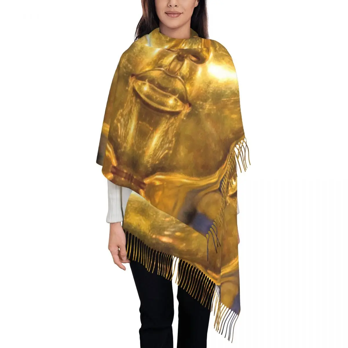 Custom King Tut Golden Tassel Scarf Women Soft Ancient Egypt Pharaoh Tutankhamun Shawls Wraps Ladies Winter Scarves