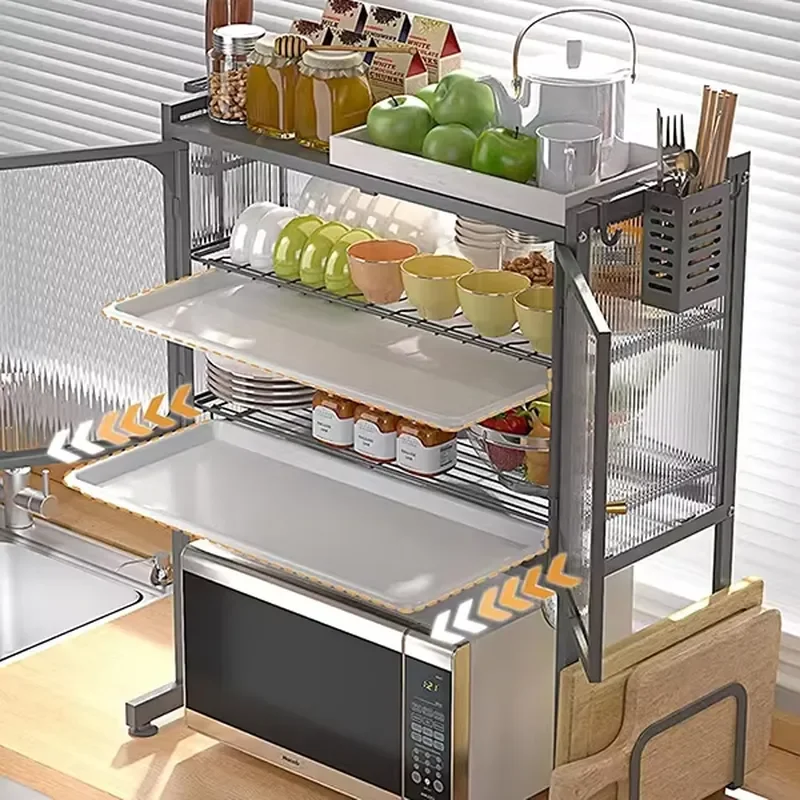 Kitchen countertop microwave oven rack, microwave oven rack with locker, suitable for multi-functional tableware storage
