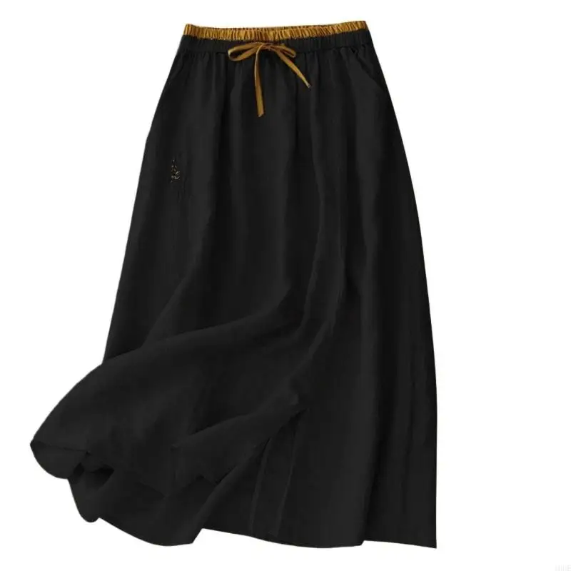 Womens Stretchy Elastic Waist Skirt Soft Cotton Linen Blend Middle Length Skirts 