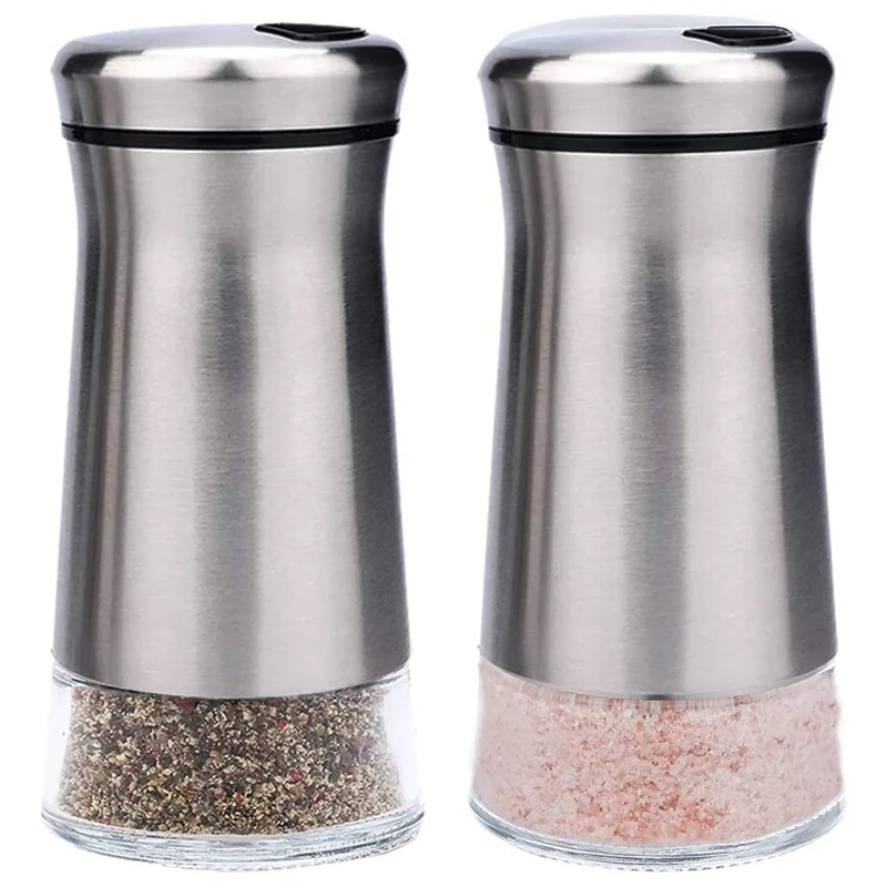 Stainless Steel Salt and Pepper Shakers Set with Glass Base Salt and Pepper Shakers with Adjustable Holes