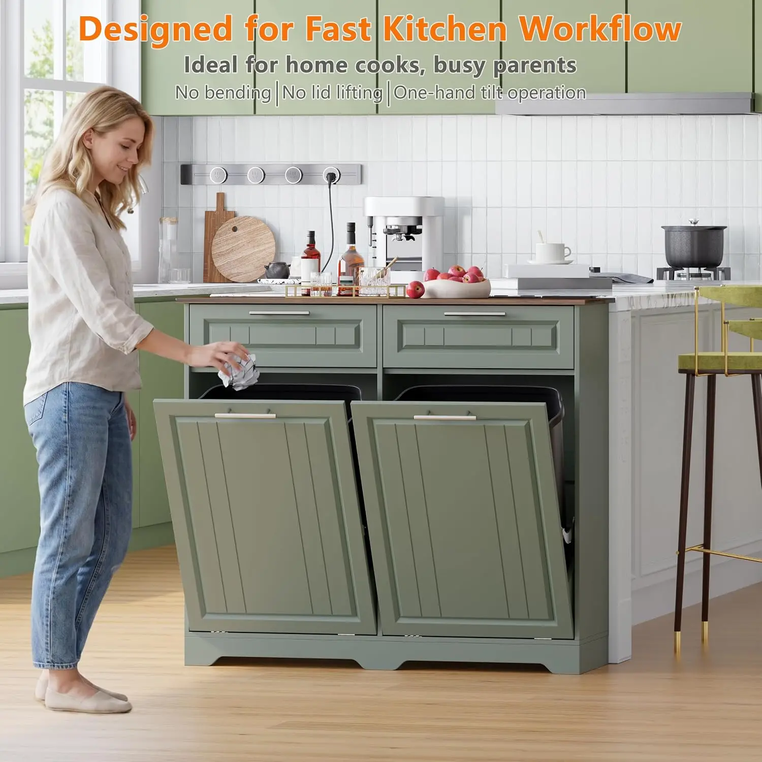 Double 10 Gallon Tilt Out Trash Cabinet with Deodorizer & Outlet, Wooden Hidden Holder with 2 Drawers, Customized