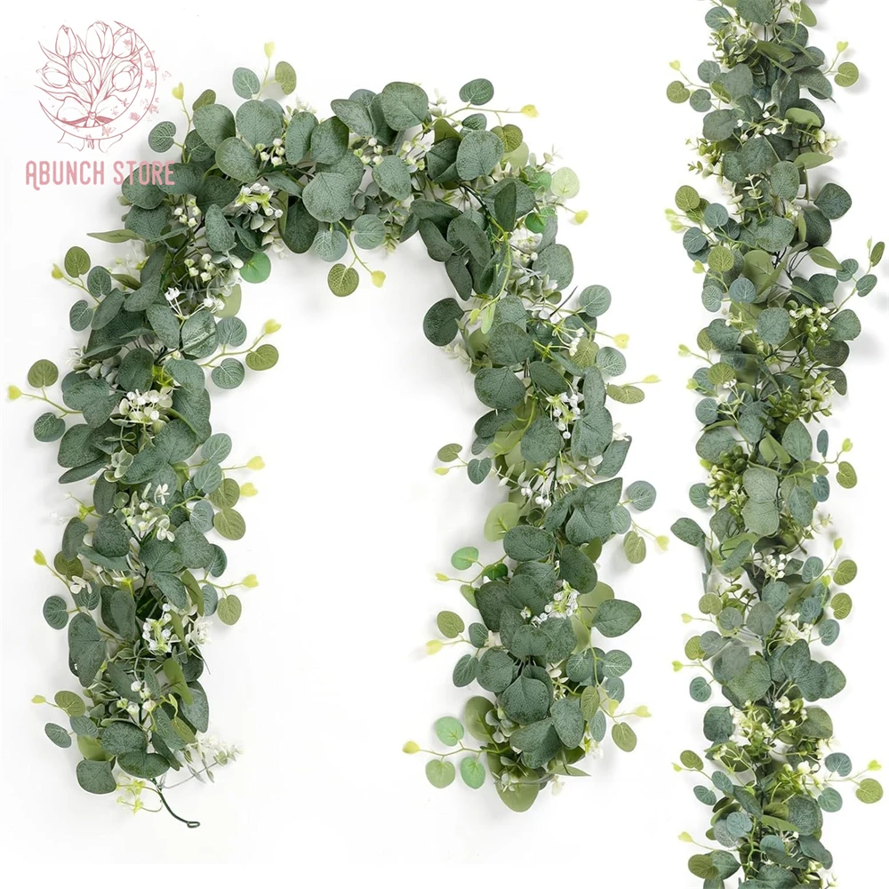 2Pcs Artificial Rattan Eucalyptus Leaves Gypsophila Flower Greenery Garland Wall Hanging Vine For Wedding Home Party Decoration