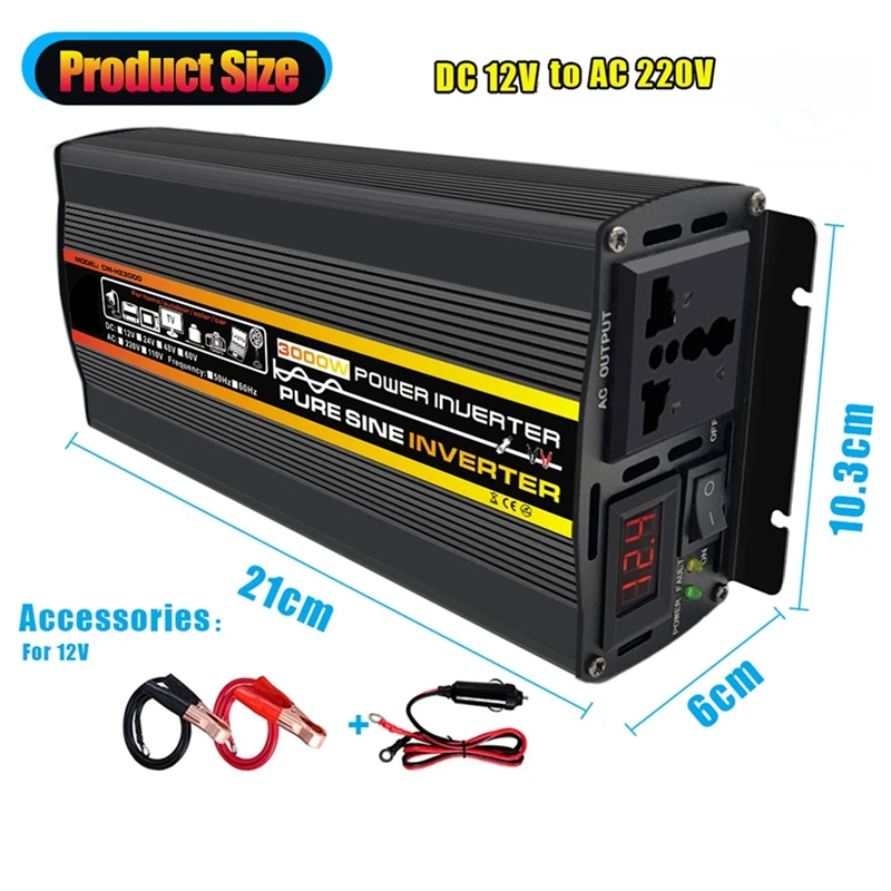 Pure Sine Wave Inverter 3000W 4000W 6000W 8000W Power Solar Car Inverters With LED Display DC 12V To AC 220V Voltage Converter