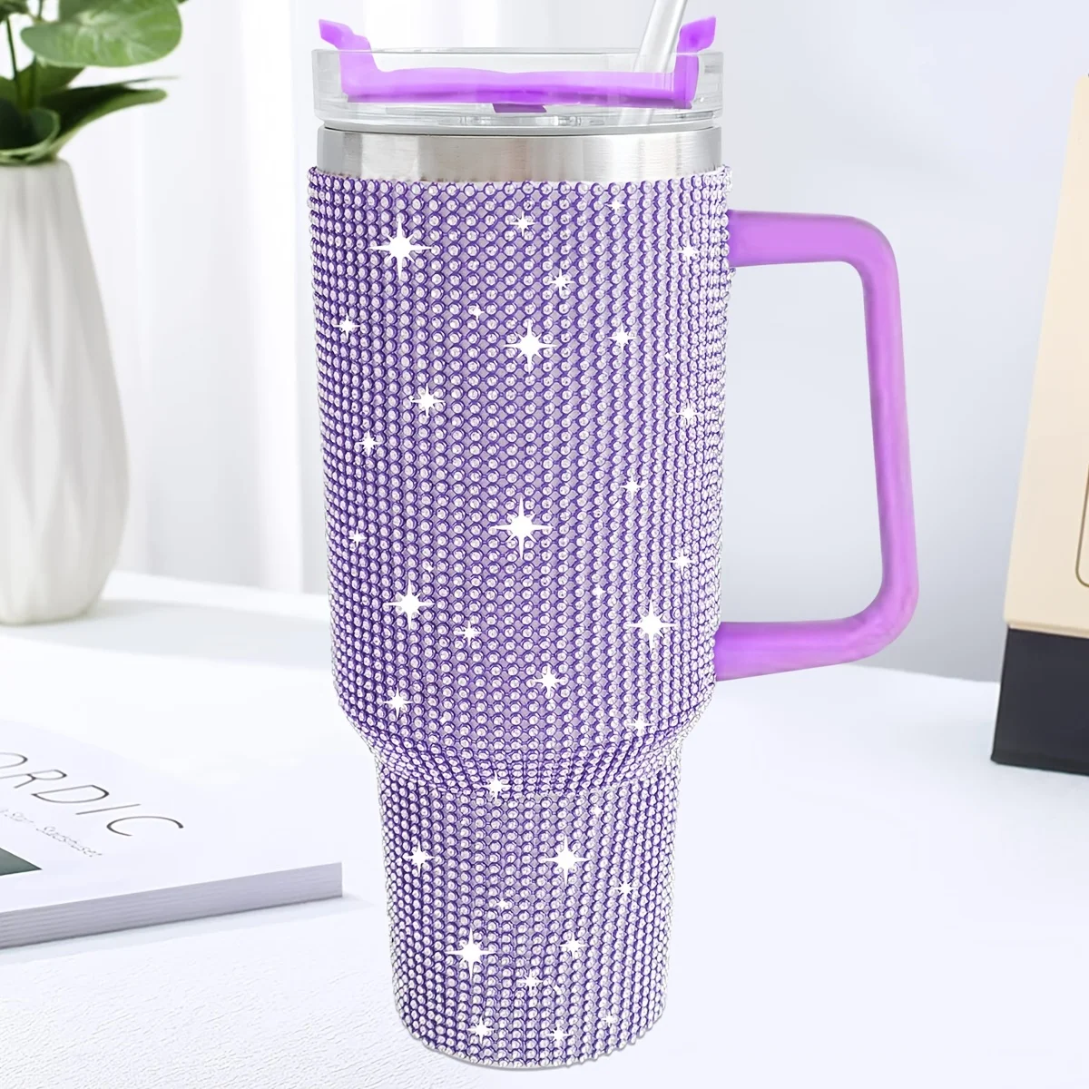 

1pc, Studded Tumbler With Lid, 40oz Stainless Steel Thermal Water Bottle With Handle, Shiny Sparkling Rhinestone Decor Drinking