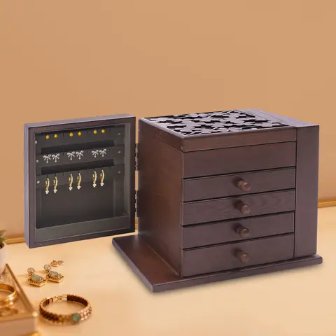 Rectangular 5-tier Jewery Box Tabletop 4 Drawers MDF Jewelry Storage Organizer Built-in Mirror for Vanity Desk