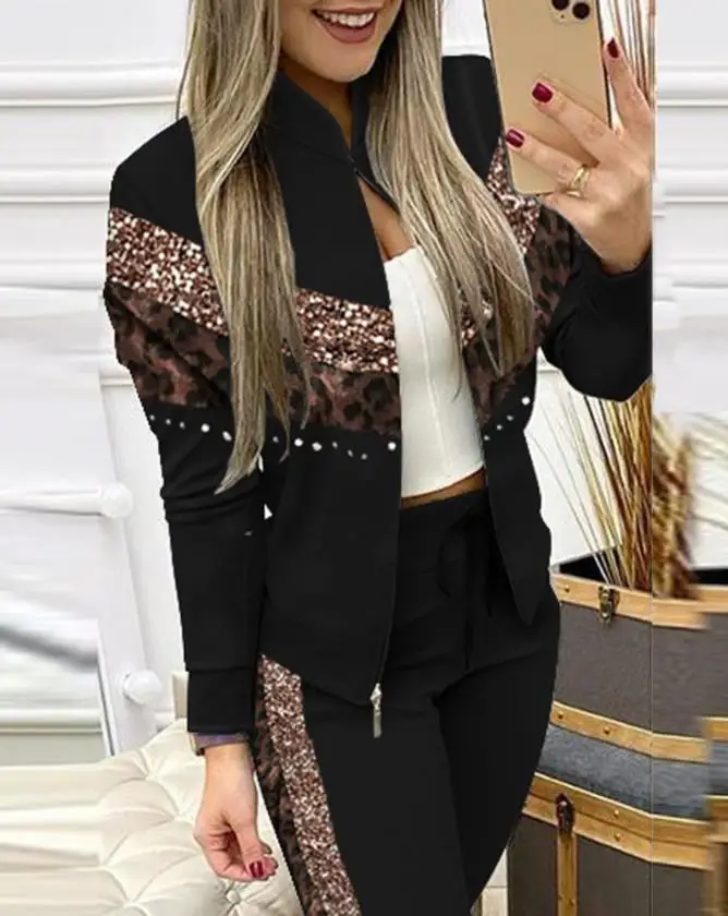 Set of Two Fashion Pieces for Women Leopard Print Contrast Sequin Zip Up Jacket & Pants Set Daily Clothes Women Sporty Casual