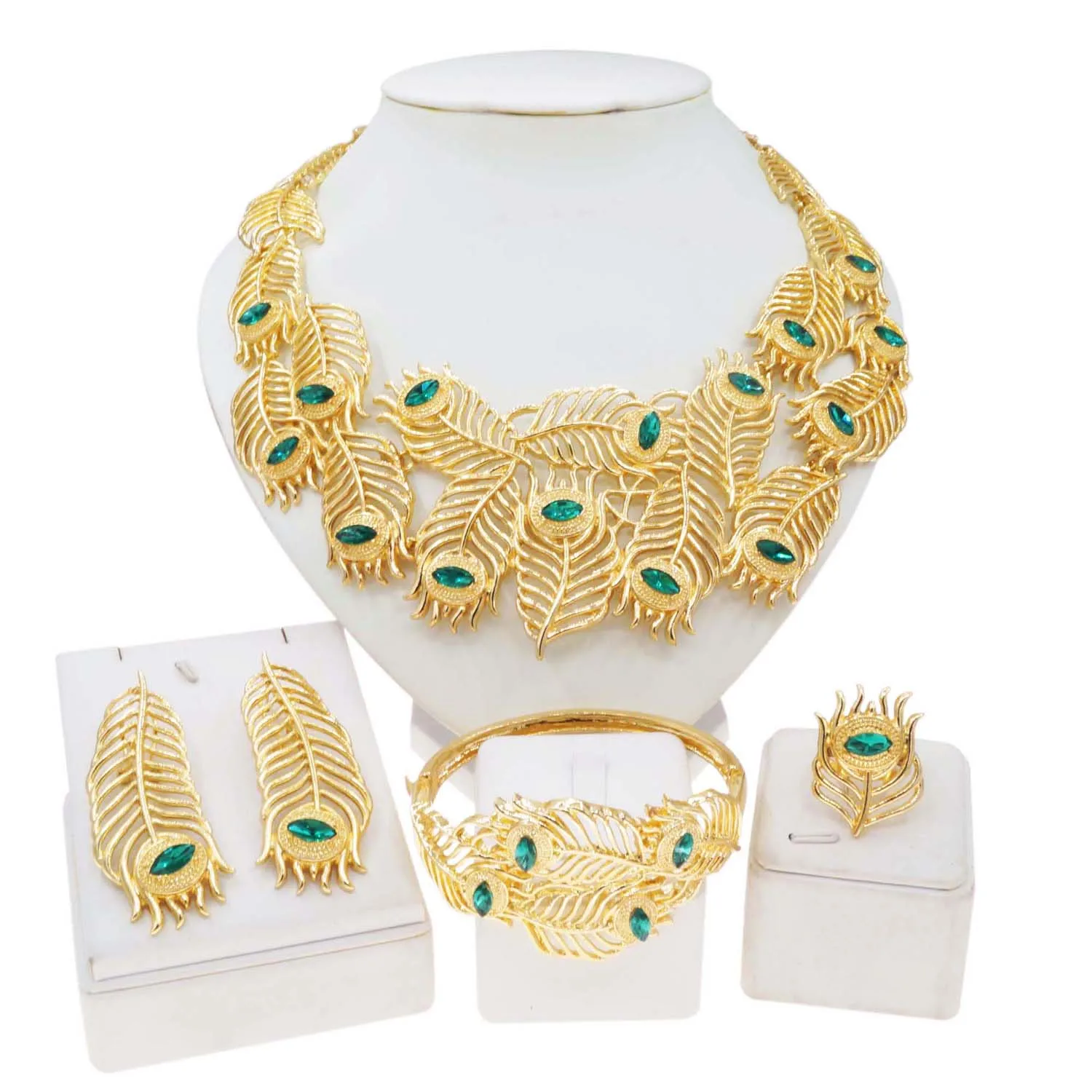 Women Jewelry Sets Feather Green Necklace Earrings Bangle Bracelets Ring Christmas Lovely Gift