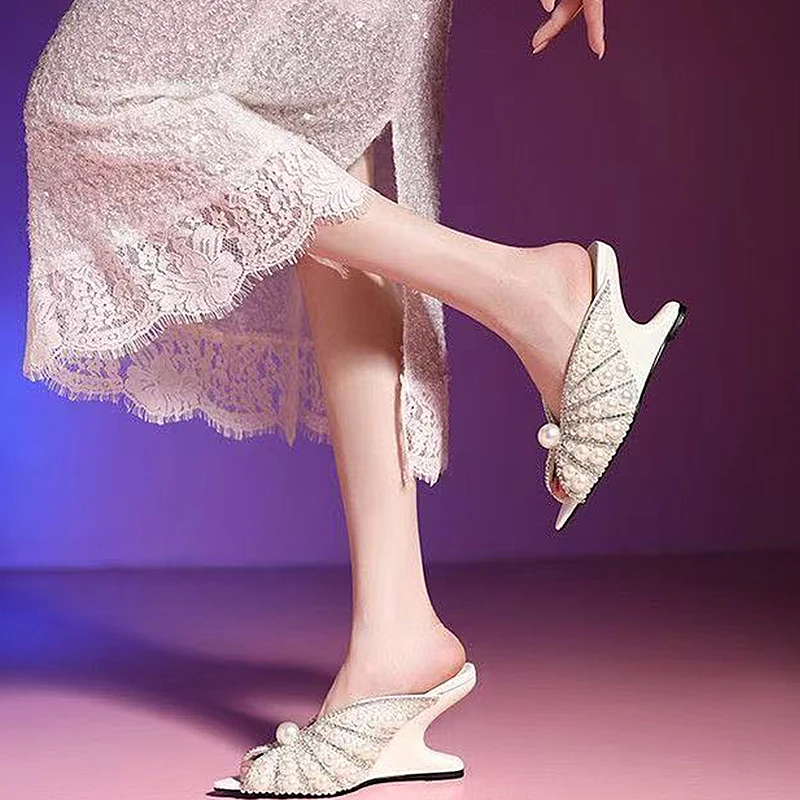 White Pearls Pointy Toe Wedges Slippers Genuine Leather Women's High HeelsSandals Party Wedding Dress Shoes Luxury Designer Pump image 6