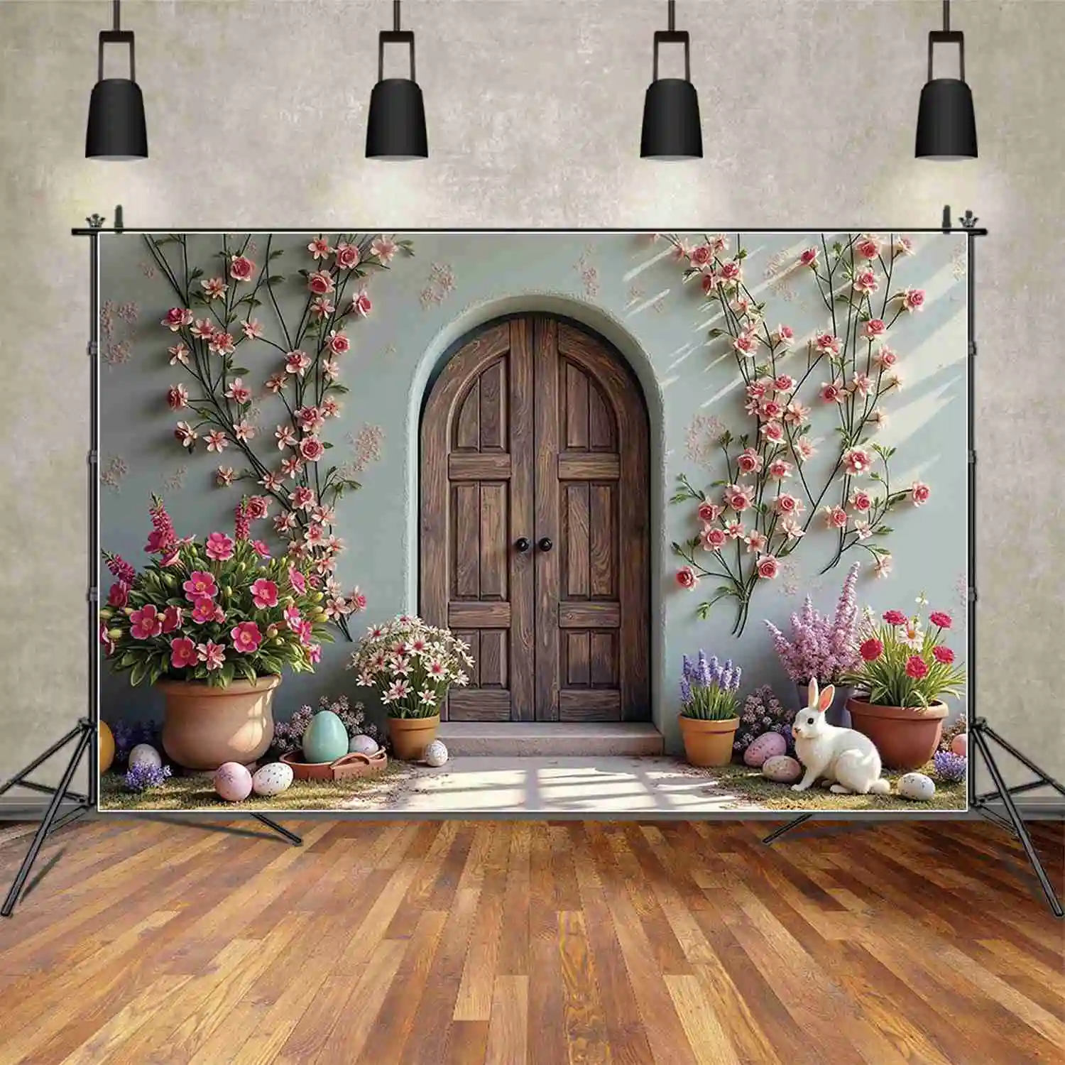 MOON.QG 2025 Easter Bunny Rabbit Eggs Backdrop Spring Garden House Tulip Background Green Forest Rainbow Photography Decorations