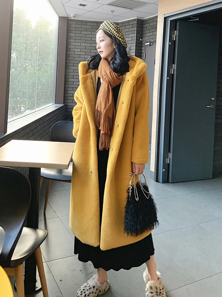 Women Faux Fur Knitted Fur Cardigan Coat Winter Autumn Elegant Long With Faux Lamb Fur Collar Ladies Fashion Coat fur coat