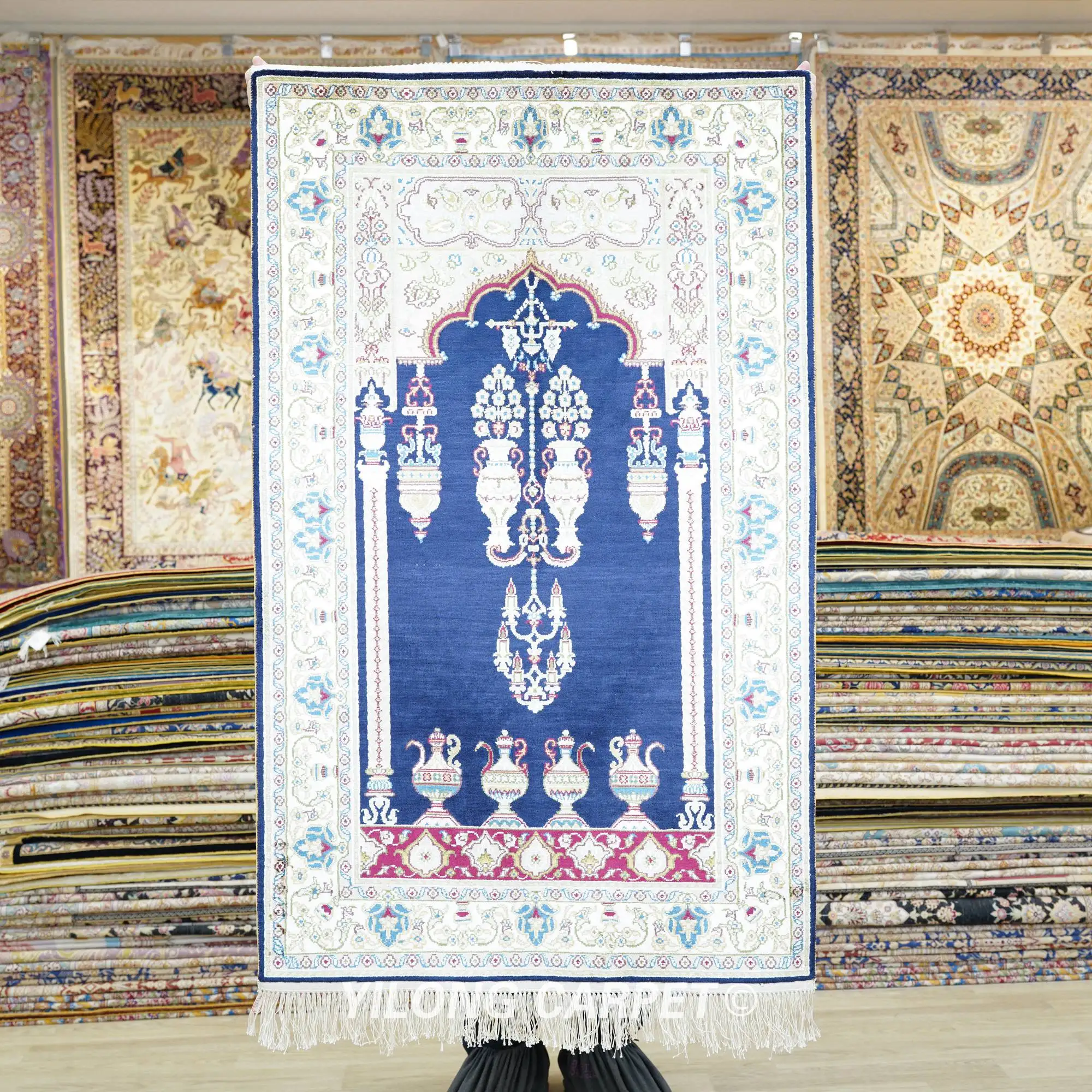 76x122cm Blue Floor Hand Knotted Carpets Traditional Handmade Silk Prayer Rug (YHW208B)