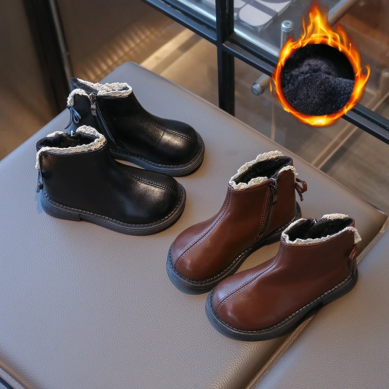 

New Autumn Winter Children Boots Leather Girls Ankle Boots Lace Butterfly-knot Rubber Sole Fashion Toddler Kids Boots Size 21-35