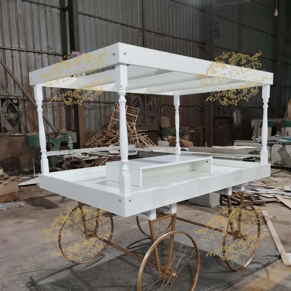 Wedding Supplies Mobile Floral Display Decoration on Wheels Event White Dessert Candy Bars Party Cart