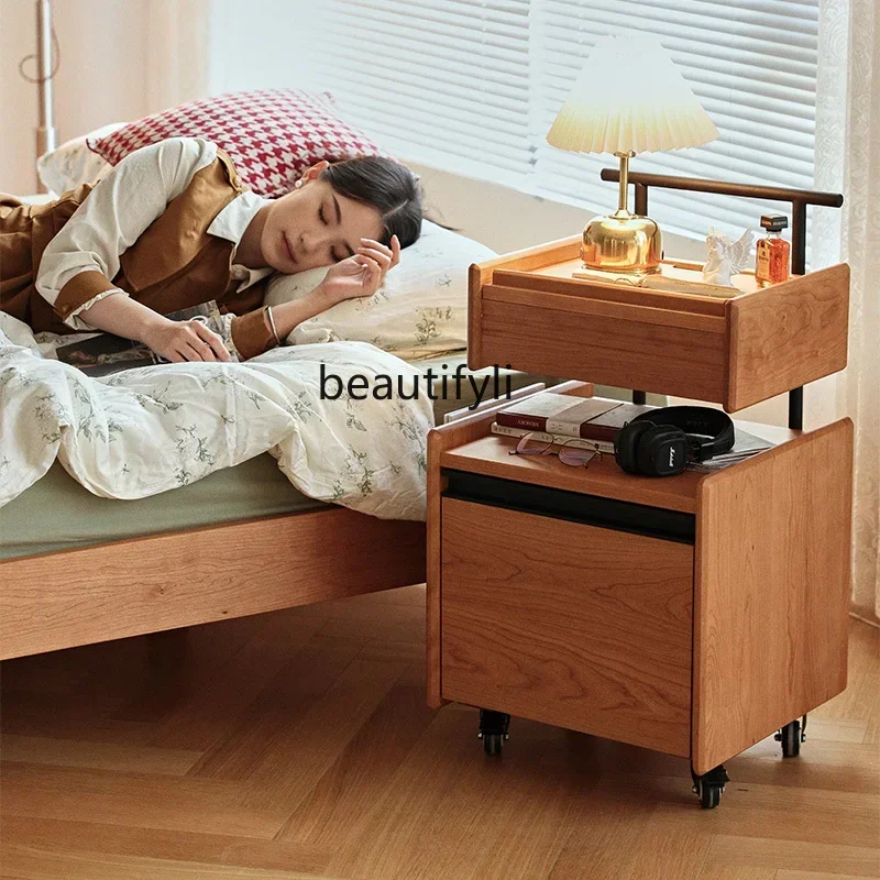 

Nordic solid wood edge few living room movable small side cabinet cherry wood cart bedside storage cabinet9344