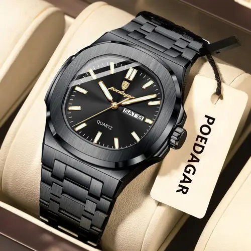 Reloj de pulsera POEDAGAR cuadrado de lujo para hombre, reloj luminoso resistente al agua de acero inoxidable para hombre, relojes de cuarzo originales con fecha semanal para hombre